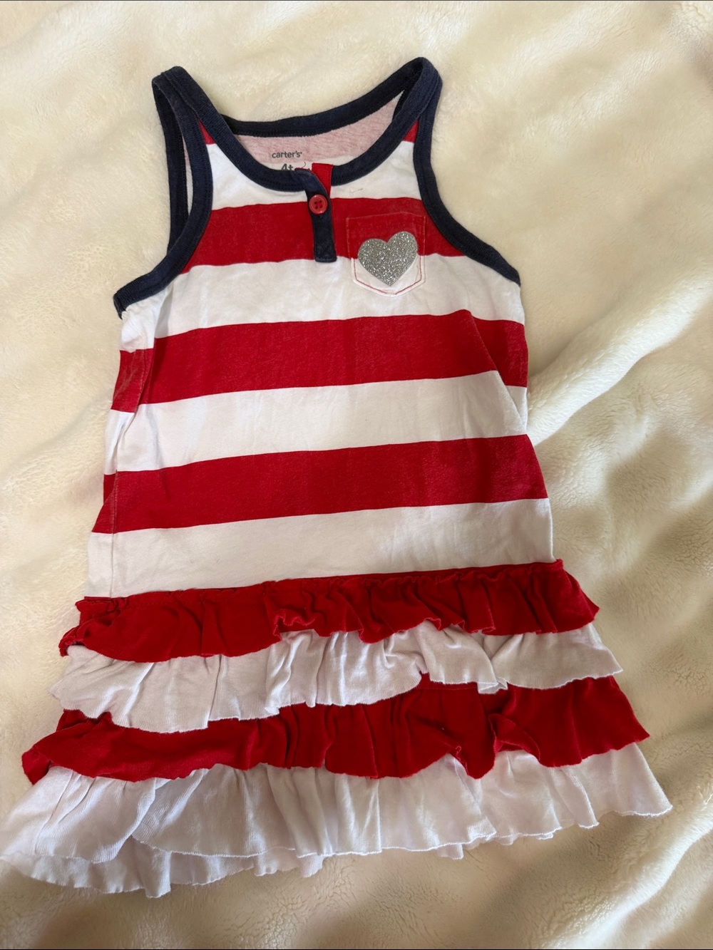 Carter's Red, White & Navy Striped Ruffle Tank Dress with Sparkle Heart